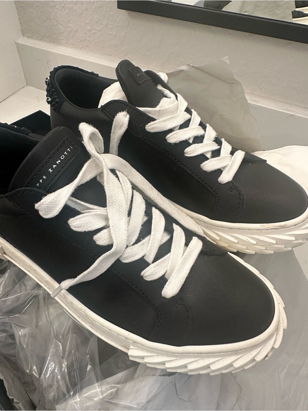 Giuseppe Zanotti Black Leather Sneakers with White Laces